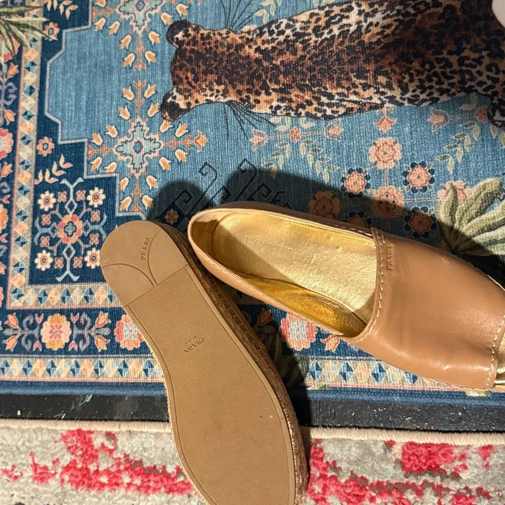 Prada Tan Leather Peep-Toe Espadrille Flats